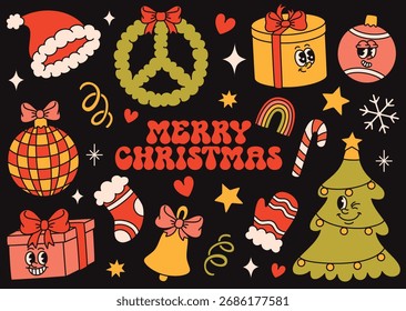 Eine Reihe von weihnachtlich groovigen Elementen auf dunklem Hintergrund. Fröhliche Geschenke, Sterne, eine Glocke, ein Weihnachtsbaum und eine süße Socke und Handschuh.