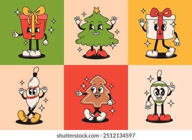 Set of Christmas groovy retro characters. Christmas tree, gift, gingerbread, Christmas tree toys. Flat vector illustration.