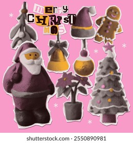 Set of Christmas halftone collage cut outs. Various paper clipping shapes, naive childish stickers with vintage dotted texture - Santa, tree, baubles. Retro grunge mixed media vector illustration