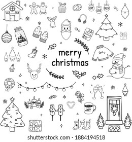 Set of Christmas hand draw doodle line. Christmas icons on white background. Vector illustration.Santa,snowman,sweater,home,candy,candle,mistletoe,gifts,wine,socks 