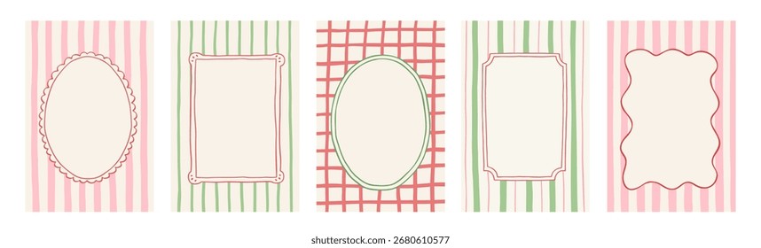 Set of Christmas hand drawn border frames. Xmas trendy vintage backgrounds in red, green and pink colors. Minimalist holiday posters, invitation, greeting card. Vector illustration.