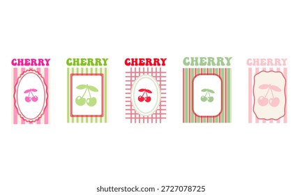Conjunto de marcos de borde dibujados a mano de Navidades con colección de Arte vectorial de cereza retro con tipografía groovy y diseños de frutas vibrantes
