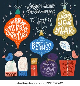 Set of Christmas hand drawn clip art and lettering. New Year cartoon illustrations: xmas baubles, presents, birds and snow globes. Vector holiday phrases and sayings.