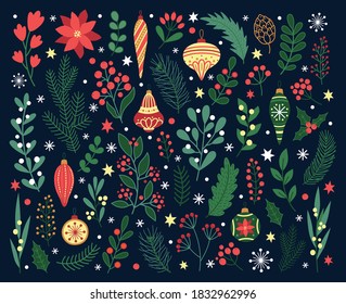 Set of Christmas hand drawn decoration elements. Vector collection. Perfect decor for  greeting cards, invitations, banners, etc.