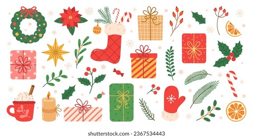 Set of Christmas hand drawn decorations.  Wreath, Holly, gifts, branches spruce, red berries, christmas stocking, cup cacao. Perfect for scrapbooking, greeting card, invitation, poster, stickers.