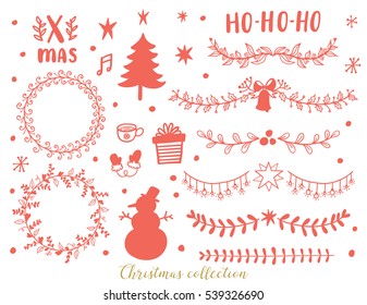 The set of Christmas hand drawn decorative elements for your awesome winter design. Wreaths, leaves, swirls, floral elements, circular frames, borders, dividers, christmas tree, snowflakes, snowman.