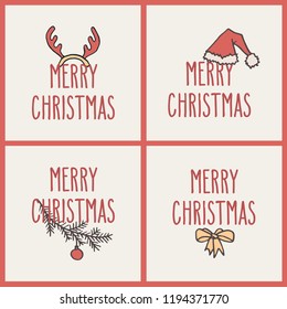 Set of Christmas hand drawn doodle greeting cards with hand written holiday words. Vector illustration.