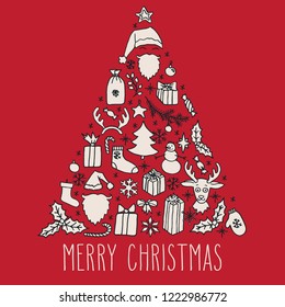 Set of Christmas hand drawn doodle elements forming a tree. Santa, reindeer, snowman, snowflakes, gifts, decorations, holly and stars. Winter holidays greeting card.