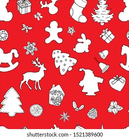 Set of Christmas hand drawn doodle black and white elements on a red background. Christmas trees, deers, gifts, decorations, holly, candle, teddy bear, gingerbread cookies, poinsettia and others.