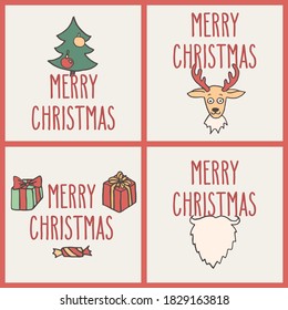 Set of Christmas hand drawn doodle greeting cards with hand written holiday words. Vector illustration.