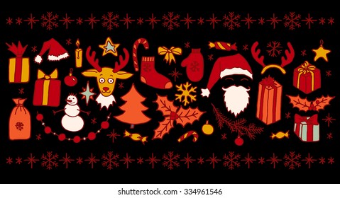 Set of Christmas hand drawn doodle elements in red and orange over black. Santa, Christmas tree, reindeer, snowman, snowflakes, gifts, decorations, holly, candle, stars.