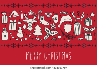 Set of Christmas hand drawn doodle elements and greetings in black and white over red. Santa, Christmas tree, reindeer, snowman, snowflakes, gifts, decorations, holly, candle, stars. 