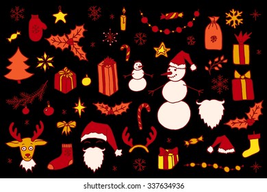 Set of Christmas hand drawn doodle elements in red and orange over black. Santa, Christmas tree, reindeer, snowman, snowflakes, gifts, decorations, holly, candle, stars.