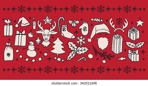 Set of Christmas hand drawn doodle elements over red background. Santa, Christmas tree, reindeer, snowman, snowflakes, gifts, decorations, holly, candle, stars.