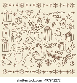 Set of Christmas hand drawn doodle elements in brown over beige. Santa, Christmas tree, reindeer, snowman, snowflakes, gifts, decorations, holly, candle, stars.