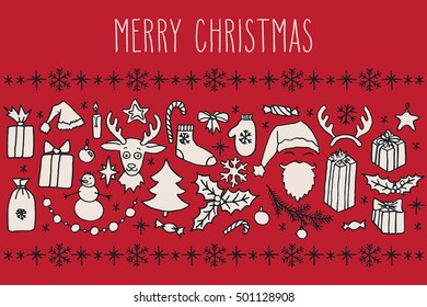 Set of Christmas hand drawn doodle elements and greetings in black and white over red. Santa, Christmas tree, reindeer, snowman, snowflakes, gifts, holly, candle, stars. Winter holidays greeting card.