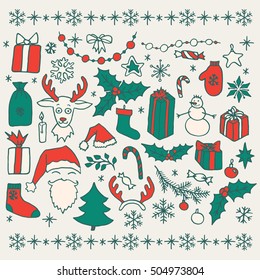 Set of Christmas hand drawn doodle elements isolated over white. Santa, Christmas tree, reindeer, snowman, snowflakes, gifts, decorations, holly, candle, stars.