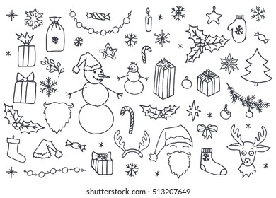 Set of Christmas hand drawn doodle elements in black over white background. Santa, Christmas tree, reindeer, snowman, snowflakes, gifts, decorations, holly, candle, stars.