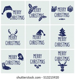 Set of Christmas hand drawn doodle greeting cards with Merry Christmas words over squared notebook sheet. 