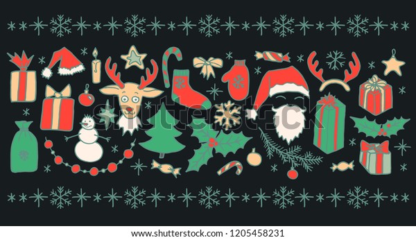 Set Christmas Hand Drawn Doodle Elements Stock Vector Royalty