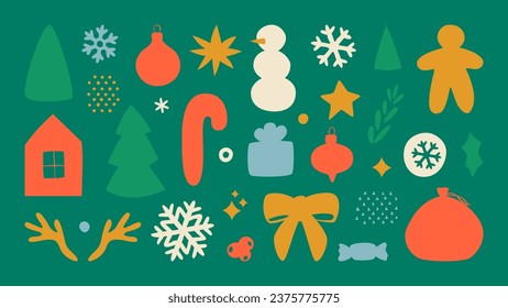 Set of Christmas hand drawn elements. Vector illustration with modern hand drawn Christmas items. Collection of retro decorative elements for decoration of Christmas and New Year banner, card, poster.