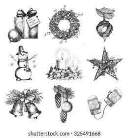 Set of Christmas Hand Drawn Holiday Objects. Vector illustration