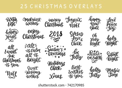 Set of Christmas hand drawn ink lettering. Greeting card with brush calligraphy, isolated on white background. Vector illustration.