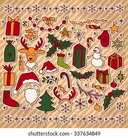 Set of Christmas hand drawn paper doodle elements over vintage brown striped background. Santa, Christmas tree, reindeer, snowman, snowflakes, gifts, decorations, holly, candle, stars.
