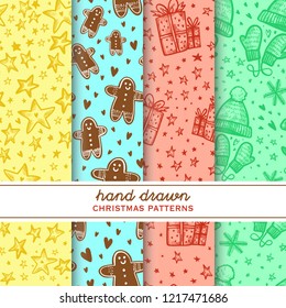 Set of christmas hand drawn patterns. With stars, ginger cookie, gift box, christmas toy, mittens, hat
