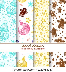 Set of christmas hand drawn patterns. With stars, ginger cookie, gift box, christmas toy, mittens, hat