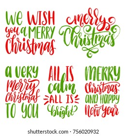 Set of Christmas hand lettering on white background. Vector New Year calligraphic illustrations. Happy Holidays greeting card concepts, poster templates.