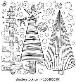 Set of Christmas hand-drawn decorative elements in vector. Christmas trees, balls, stars. Pattern for coloring book. Black and white.