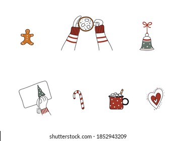 Set of Christmas hand-drawn design elements. Art collection of New Year cute festive things.Lady hands hold cup of coffee, gingerbread man,candy cane,bell,heart and hand drawing fir-tree.Vector