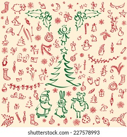 set of Christmas hand-drawn pen and ink patterns elements. vector illustration 11