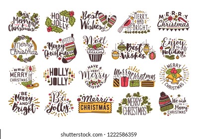 Set of Christmas handwritten lettering decorated with festive decorations - holly leaves, baubles, coniferous tree branches. Bundle of hand drawn holiday wishes. Colorful vector illustration.