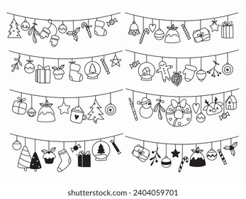 Decoración de Navidad. Colección de estilizadas guirnaldas de árboles de Navidad. Decoración de vacaciones. Artículos acogedores. Ilustración vectorial de una adorable decoración para la celebración de Año Nuevo.