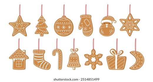 Conjunto de Navidades colgando panes de jengibre aislados. Conjunto de adornos de Navidades sostenibles. Concepto de Navidad sostenible.