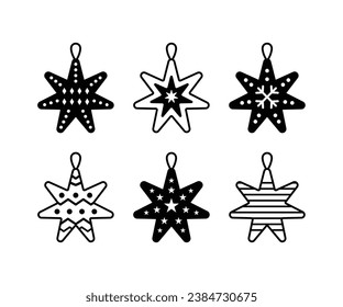 set of christmas hanging star snowflakes decoration winter december vector icon design simple black white flat illustration