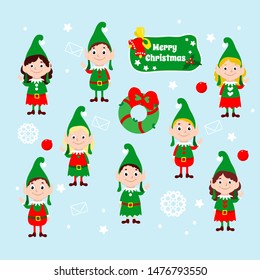 Set of Christmas happy elves. Santa claus helpers wave their hands and smile. Festive vector illustration of winter cartoon characters. Design for greeting cards, web and marketing.