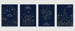 Set Of Christmas And Happy New Year Holiday Card Vector. Elegant Element Gold Line Art Of Christmas Tree, Bauble Ball, Cat, Present, Sparkle, Snow. Design Illustration For Cover, Banner, Card, Poster.