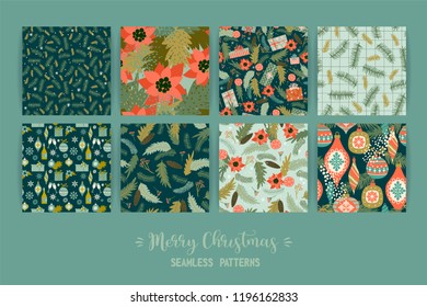 Set of Christmas and Happy New Year seamless patterns. Trendy retro style. Vector design template. Set of Christmas and Happy New Year seamless patterns. Trendy retro style. Vector design template.