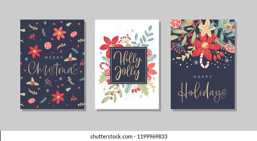 Set of Christmas and Happy New Year greeting cards with handwritten calligraphy and hand drawn decorative elements. Trendy vintage style.