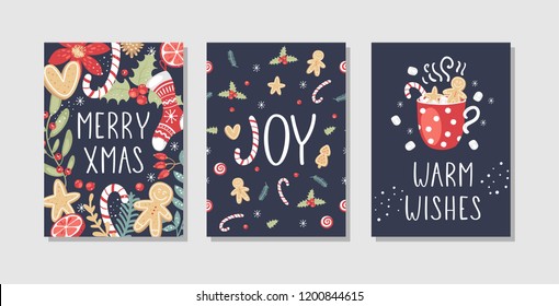 Set of Christmas and Happy New Year greeting cards with hand drawn decorative elements. Trendy vintage style.