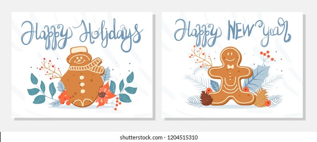 Set of Christmas and Happy New Year greeting cards with Christmas cookies, Holly leaves, berries, spruce twigs, poinsettia and  lettering. Vector design template.