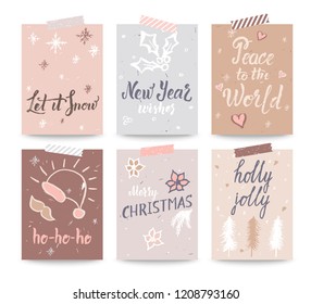 Set of Christmas and Happy New Year greeting cards with lettering phrase and decorative winter holiday elements. Vector illustration