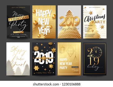 Set of Christmas and Happy New Year party flyer and greeting card template. Vector illustration