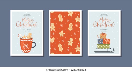 Set of Christmas and Happy New Year greeting cards with hand drawn decorative elements. Trendy vintage style.