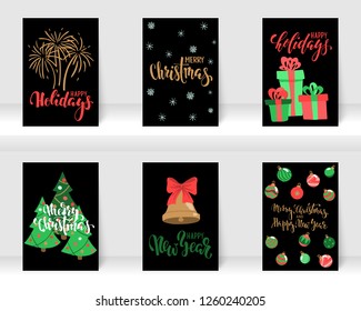 Set of Christmas and Happy New Year greeting cards with calligraphy and hand drawn elements. design holiday greeting cards and invitations of the Merry Christmas and Happy New Year, winter holidays