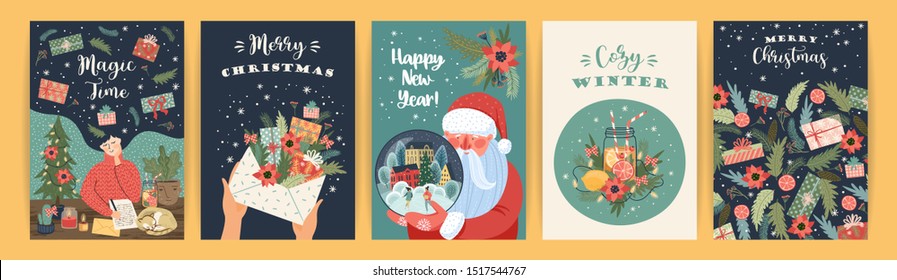 Set of Christmas and Happy New Year illustrations. Trendy retro style. Vector design templates.