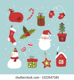 Set of christmas and happy new year items. Vector illustration.